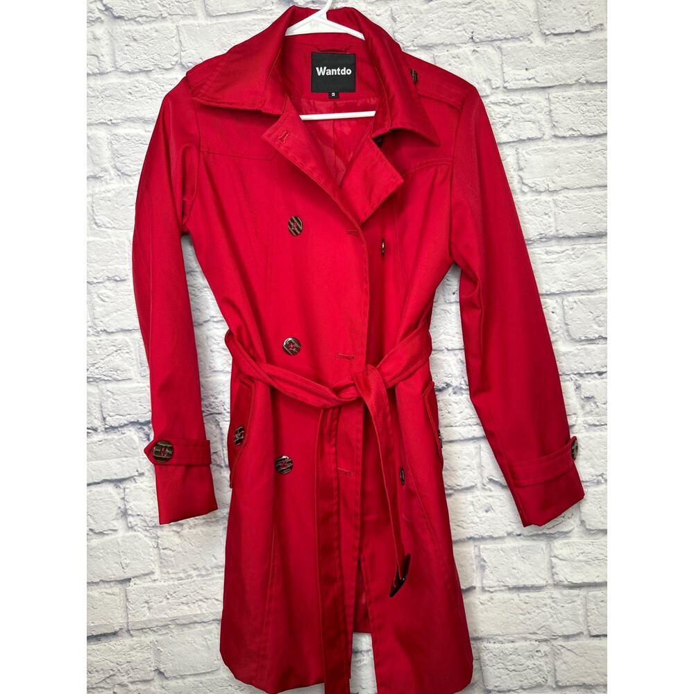 Wantdo Women's Double Breasted Red Pea Coat Mid-Long Trench Coat with Belt SMALL